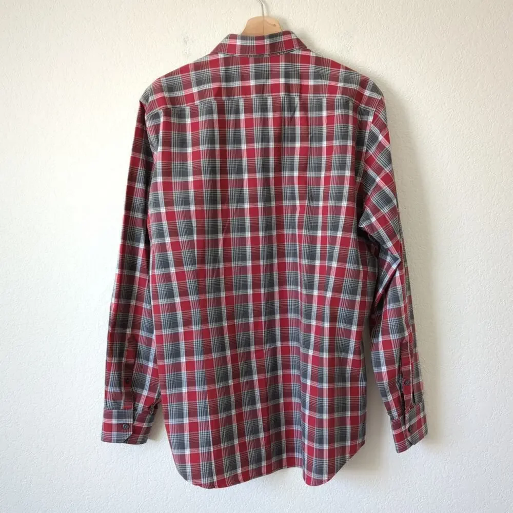 Banana Republic Mens Button‎ Up Shirt Red Gray Plaid Long Sleeve Slim Fit Large